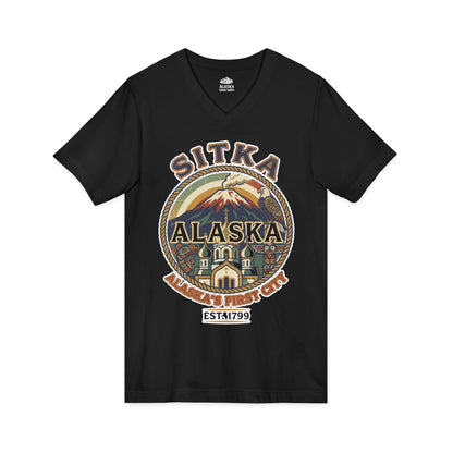 Sitka Alaska Vintage Heritage Tee with Iconic Local Landmarks Art — V-Neck