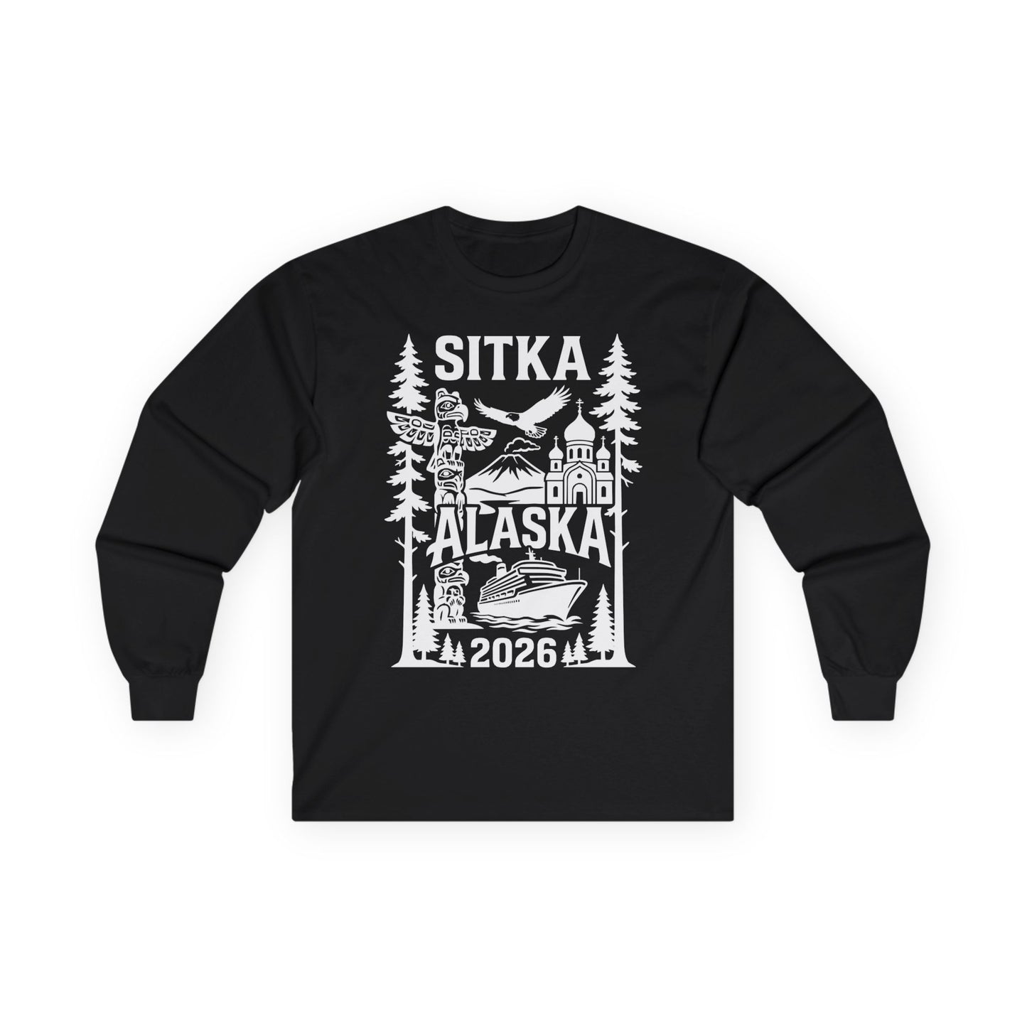 Sitka Alaska Cruise Souvenir Shirt with Totem Poles and Ship 2026 — Long Sleeve