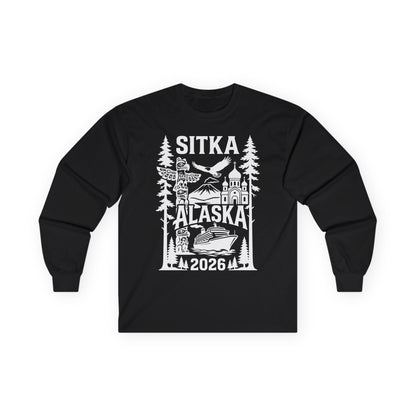Sitka Alaska Cruise Souvenir Shirt with Totem Poles and Ship 2026 — Long Sleeve