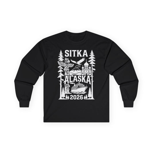 Sitka Alaska Cruise Souvenir Shirt with Totem Poles and Ship 2026 — Long Sleeve