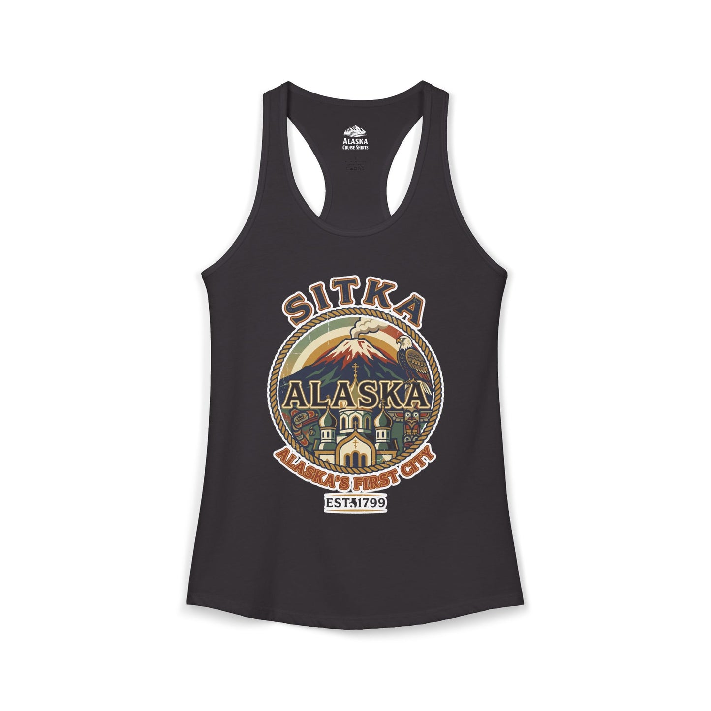 Sitka Alaska Vintage Heritage Tee with Iconic Local Landmarks Art — Ladies Tank