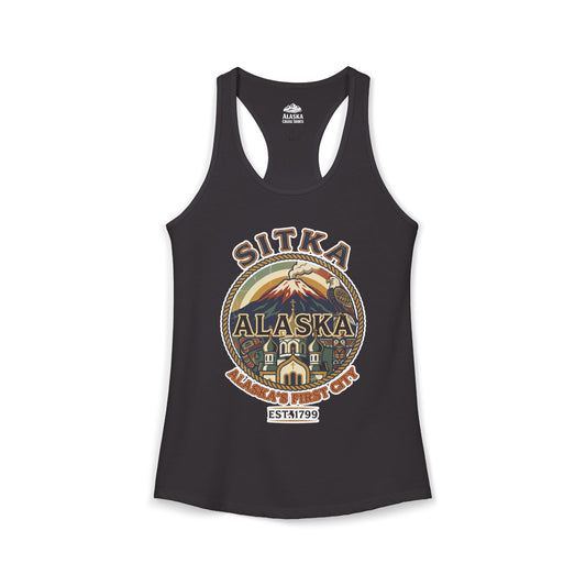 Sitka Alaska Vintage Heritage Tee with Iconic Local Landmarks Art — Ladies Tank