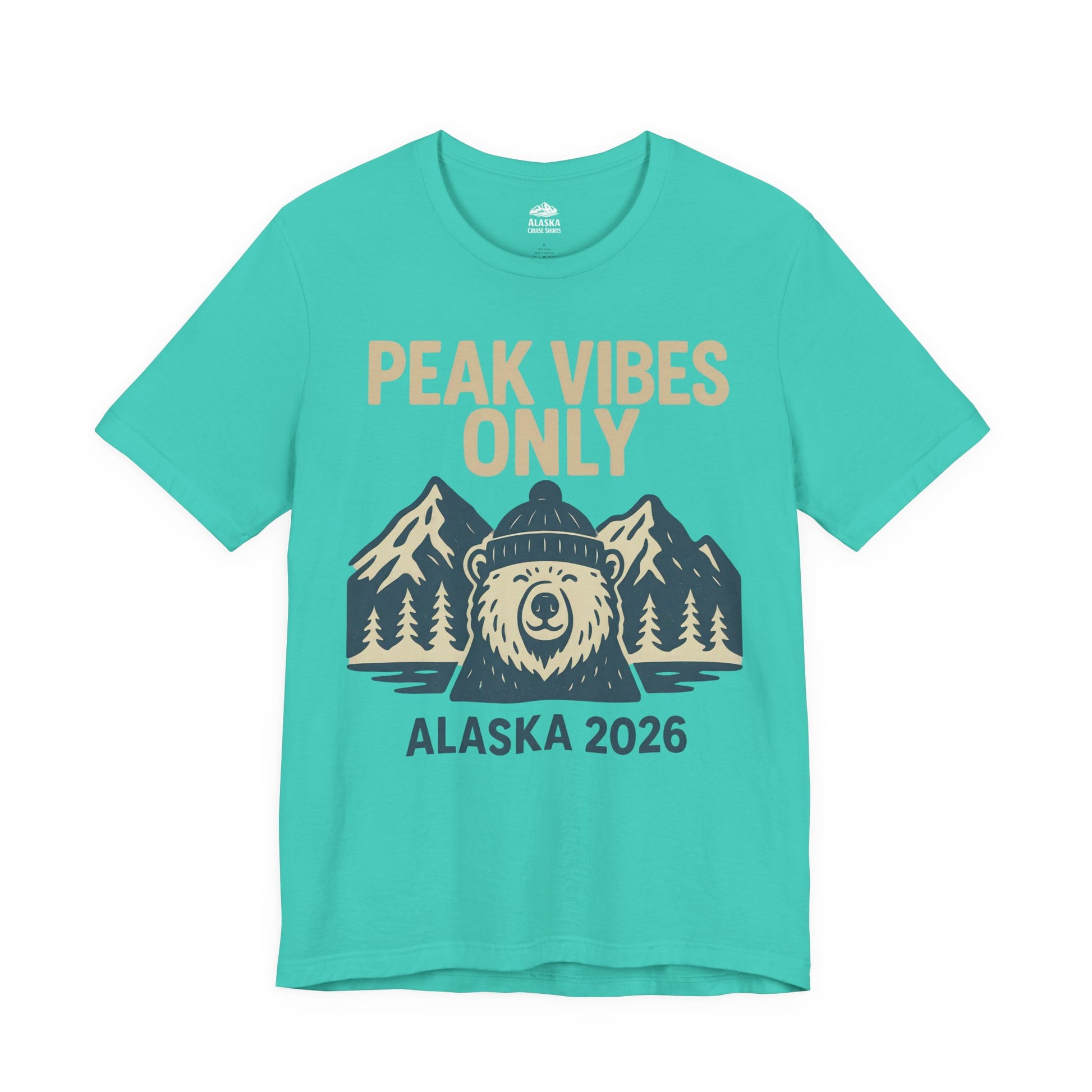 Alaska 2026 Mountain Adventure Bear - Peak Vibes Only T-Shirt Premium Tee - View 5 - Alaska Cruise Shirts