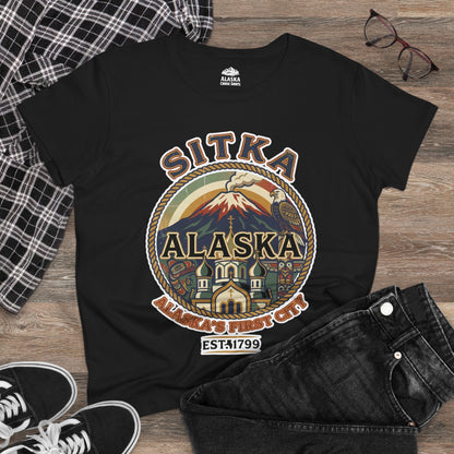Sitka Alaska Vintage Heritage Tee with Iconic Local Landmarks Art — Ladies Tee