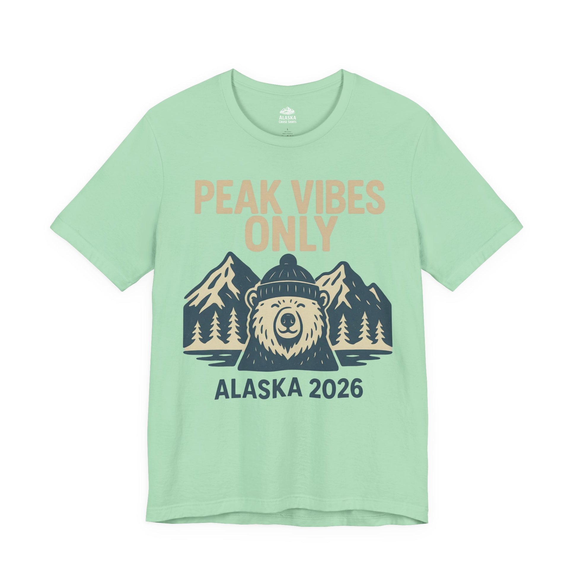 Alaska 2026 Mountain Adventure Bear - Peak Vibes Only T-Shirt Premium Tee - View 4 - Alaska Cruise Shirts