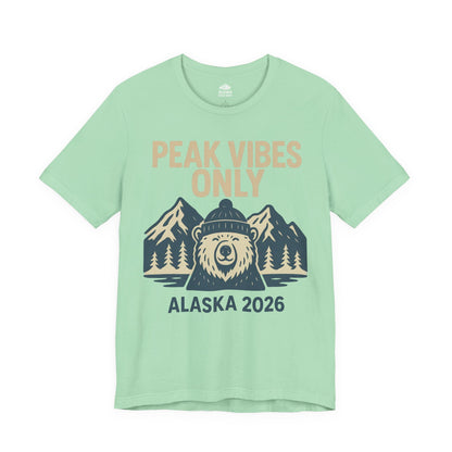Alaska 2026 Mountain Adventure Bear - Peak Vibes Only T-Shirt Premium Tee - View 4 - Alaska Cruise Shirts