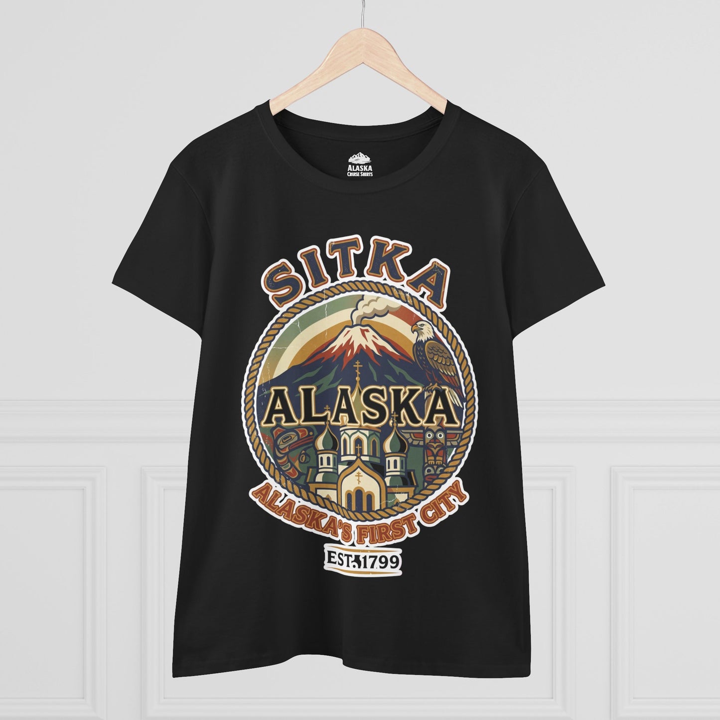 Sitka Alaska Vintage Heritage Tee with Iconic Local Landmarks Art — Ladies Tee