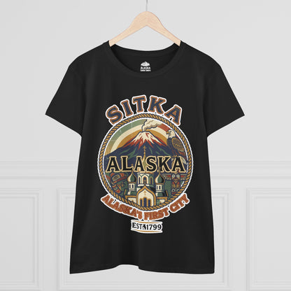 Sitka Alaska Vintage Heritage Tee with Iconic Local Landmarks Art — Ladies Tee