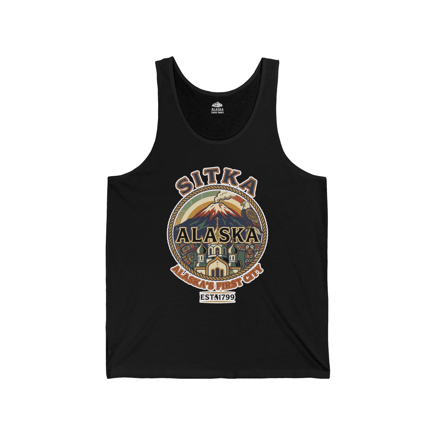 Sitka Alaska Vintage Heritage Tee with Iconic Local Landmarks Art — Tank Top