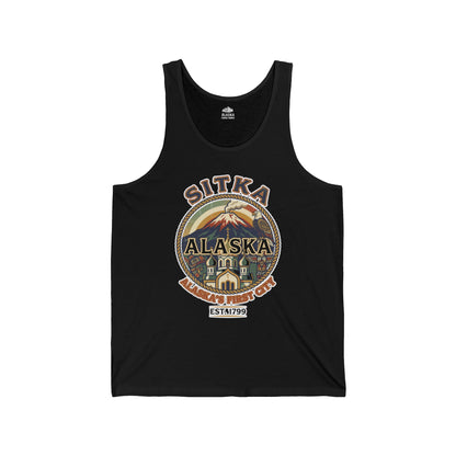 Sitka Alaska Vintage Heritage Tee with Iconic Local Landmarks Art — Tank Top