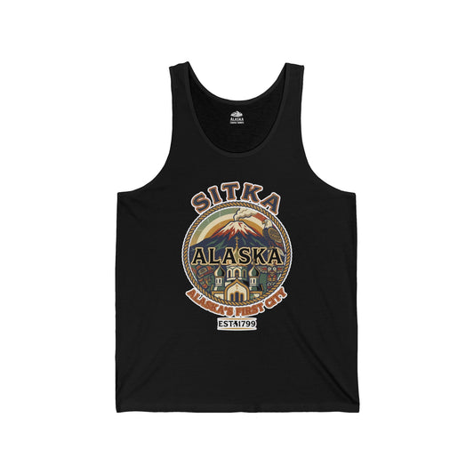 Sitka Alaska Vintage Heritage Tee with Iconic Local Landmarks Art — Tank Top