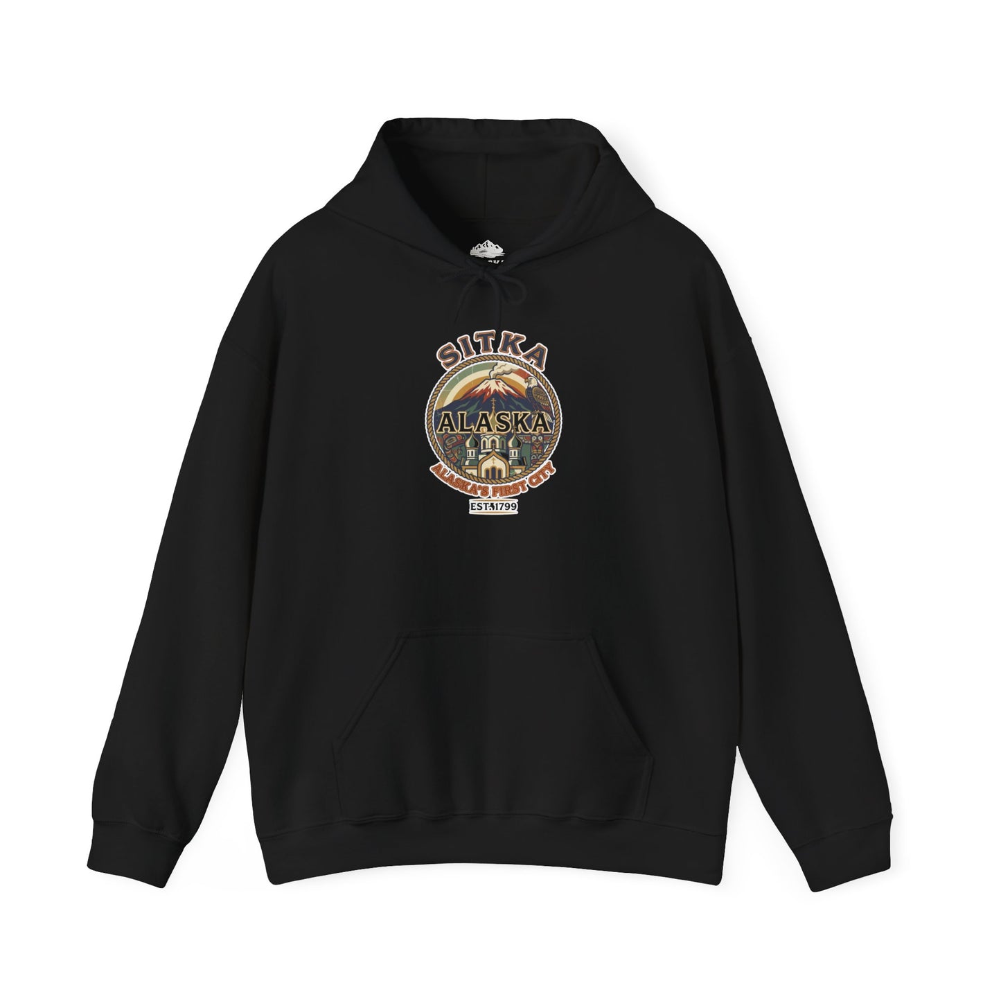 Sitka Alaska Vintage Heritage Tee with Iconic Local Landmarks Art — Hoodie