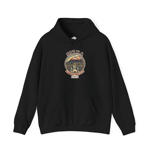 Sitka Alaska Vintage Heritage Tee with Iconic Local Landmarks Art — Hoodie