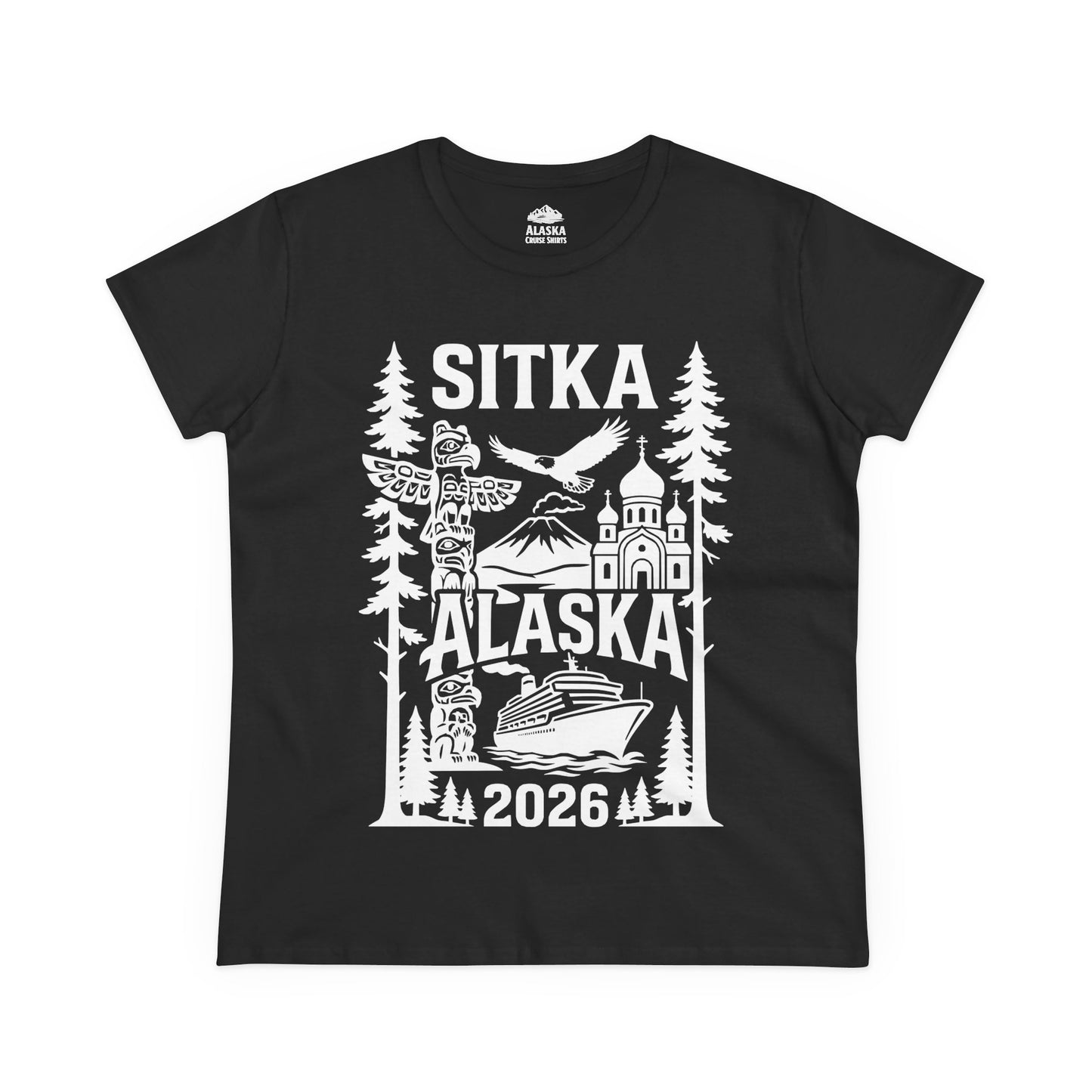Sitka Alaska Cruise Souvenir Shirt with Totem Poles and Ship 2026 — Ladies Tee