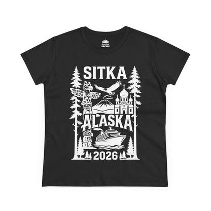 Sitka Alaska Cruise Souvenir Shirt with Totem Poles and Ship 2026 — Ladies Tee