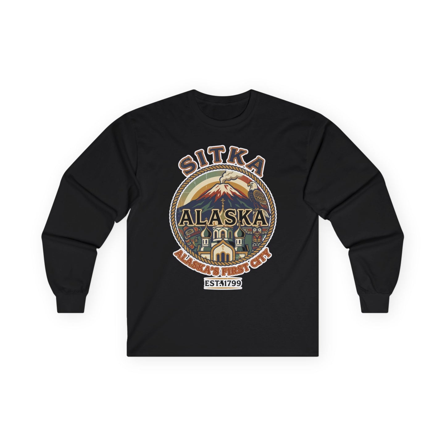 Sitka Alaska Vintage Heritage Tee with Iconic Local Landmarks Art — Long Sleeve