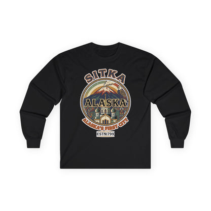 Sitka Alaska Vintage Heritage Tee with Iconic Local Landmarks Art — Long Sleeve