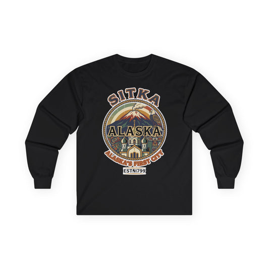 Sitka Alaska Vintage Heritage Tee with Iconic Local Landmarks Art — Long Sleeve