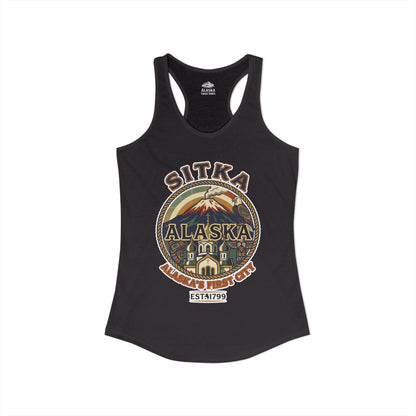 Sitka Alaska Vintage Heritage Tee with Iconic Local Landmarks Art — Ladies Tank