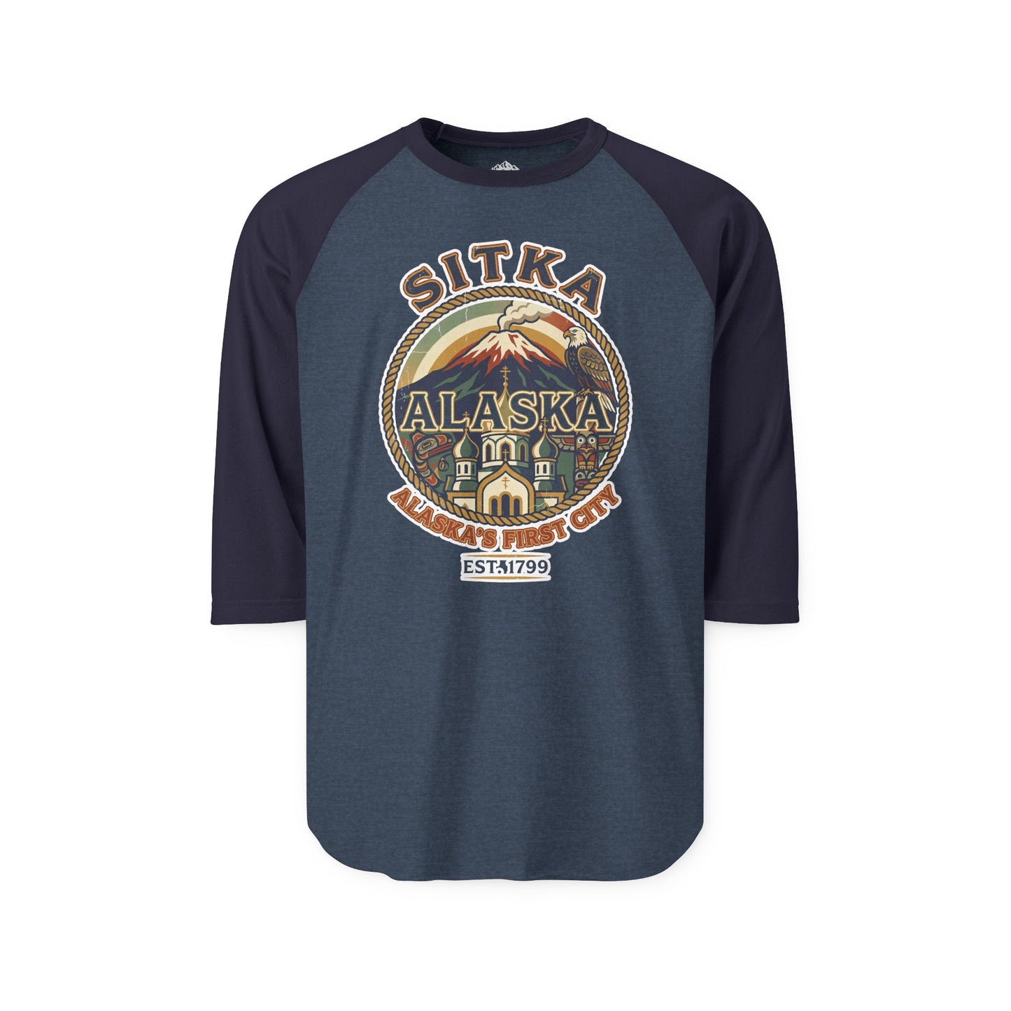 Sitka Alaska Vintage Heritage Tee with Iconic Local Landmarks Art — 3/4 Sleeve