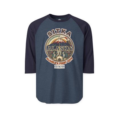 Sitka Alaska Vintage Heritage Tee with Iconic Local Landmarks Art — 3/4 Sleeve