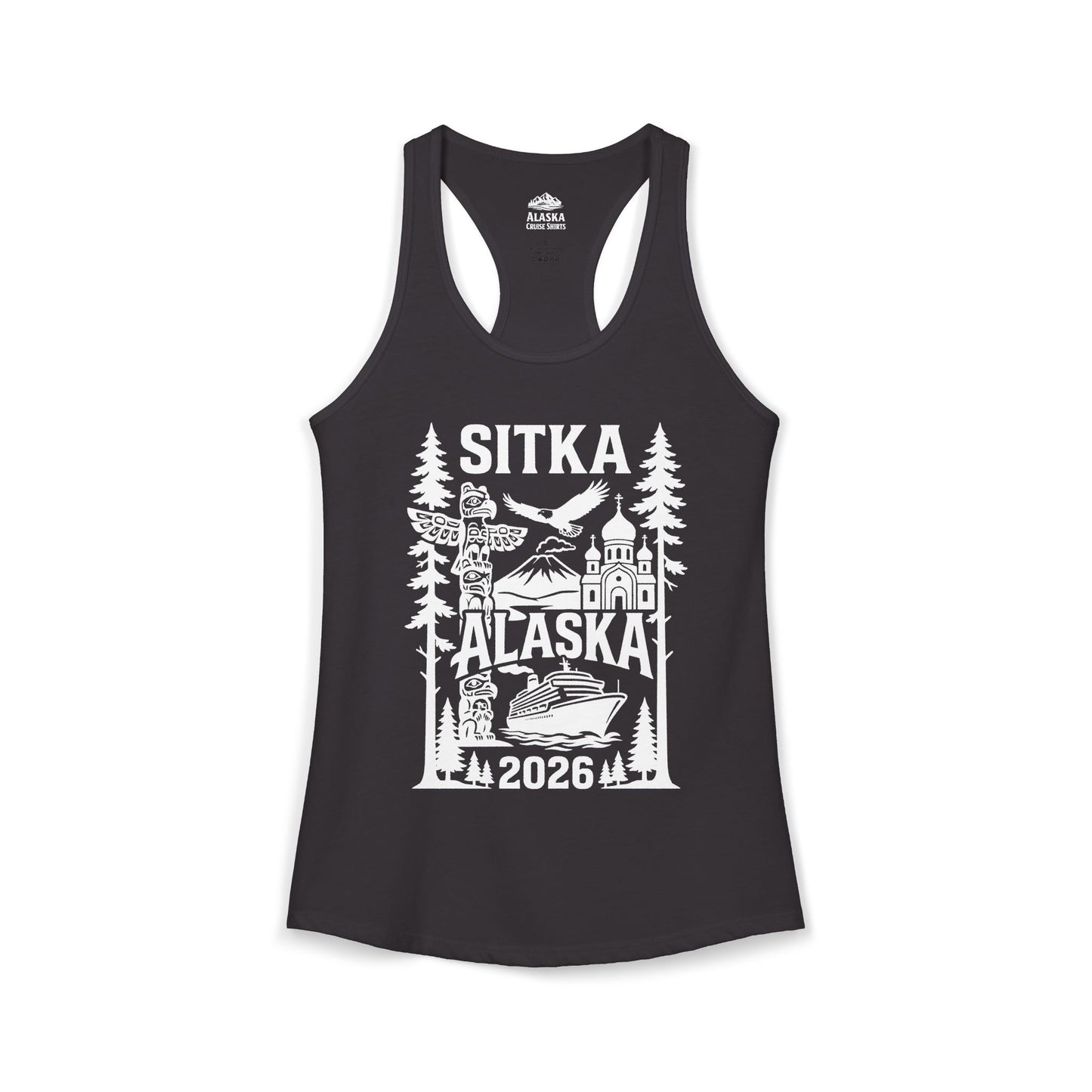 Sitka Alaska Cruise Souvenir Shirt with Totem Poles and Ship 2026 — Ladies Tank