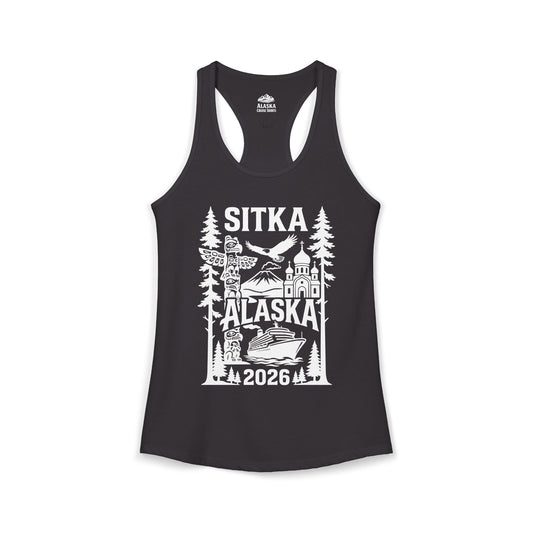 Sitka Alaska Cruise Souvenir Shirt with Totem Poles and Ship 2026 — Ladies Tank