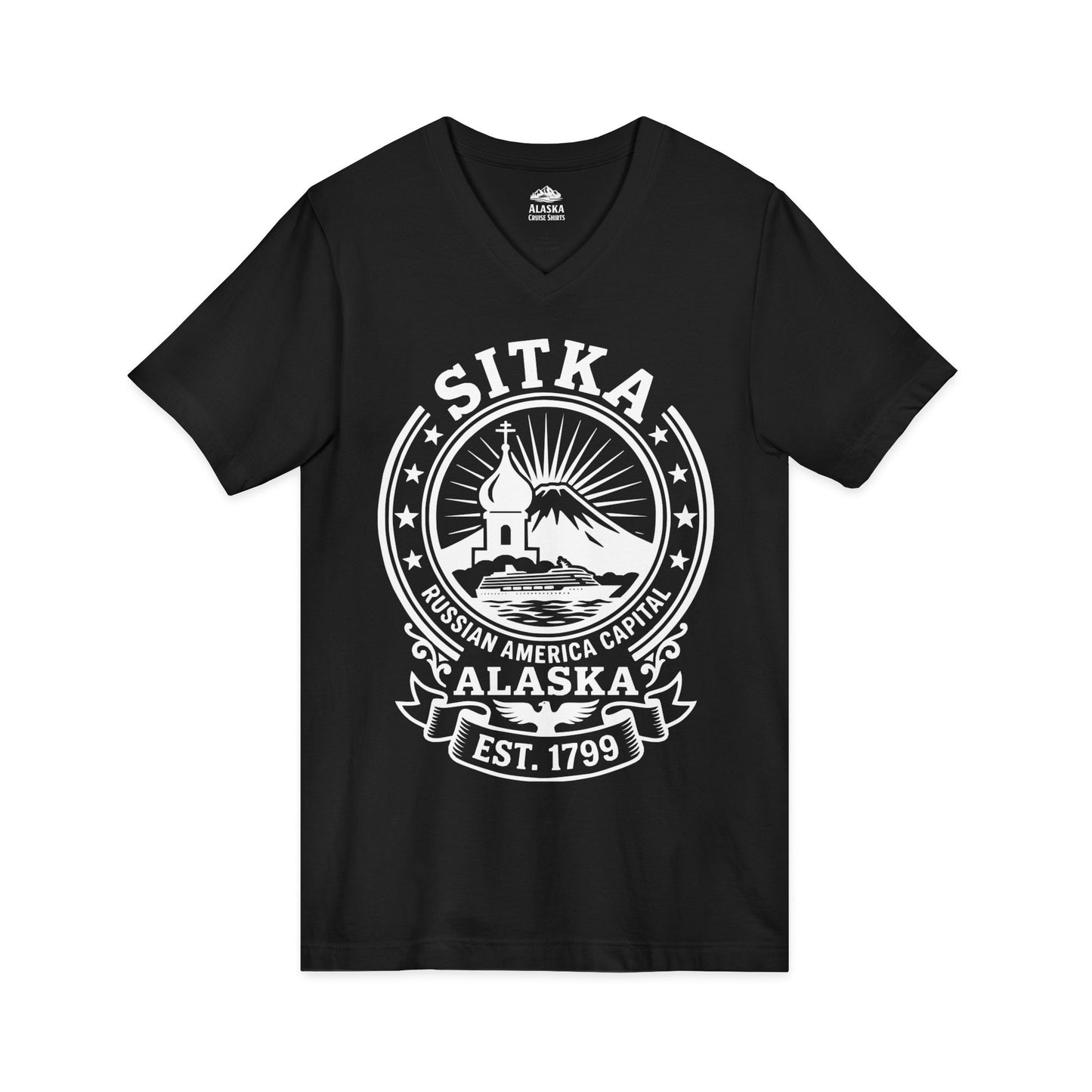 Sitka Alaska Russian America Heritage Cruise T-Shirt Est 1799 — V-Neck