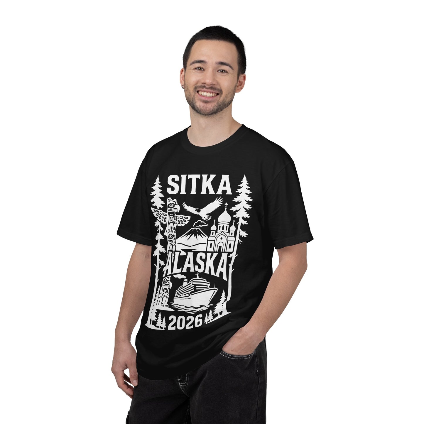 Sitka Alaska Cruise Souvenir Shirt with Totem Poles and Ship 2026 — Comfort