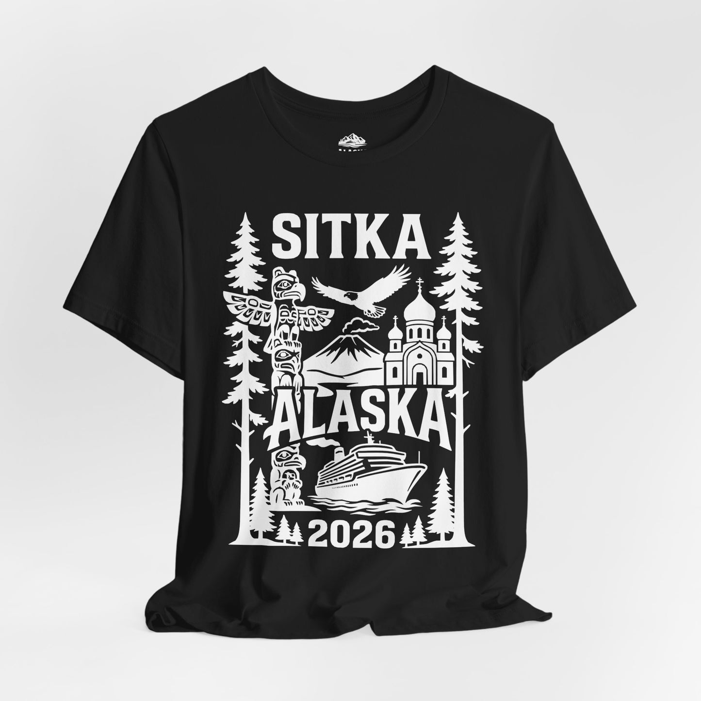 Sitka Alaska Cruise Souvenir Shirt with Totem Poles and Ship 2026 — Premium Tee