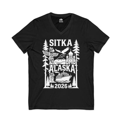 Sitka Alaska Cruise Souvenir Shirt with Totem Poles and Ship 2026 — V-Neck