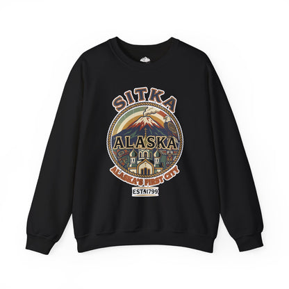 Sitka Alaska Vintage Heritage Tee with Iconic Local Landmarks Art — Sweatshirt