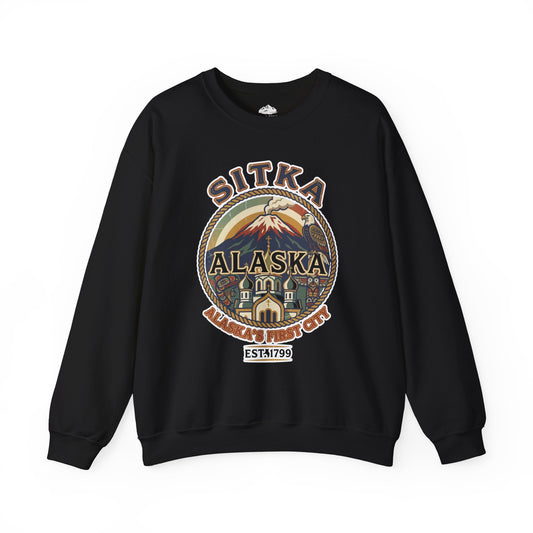 Sitka Alaska Vintage Heritage Tee with Iconic Local Landmarks Art — Sweatshirt