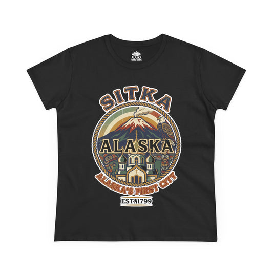 Sitka Alaska Vintage Heritage Tee with Iconic Local Landmarks Art — Ladies Tee