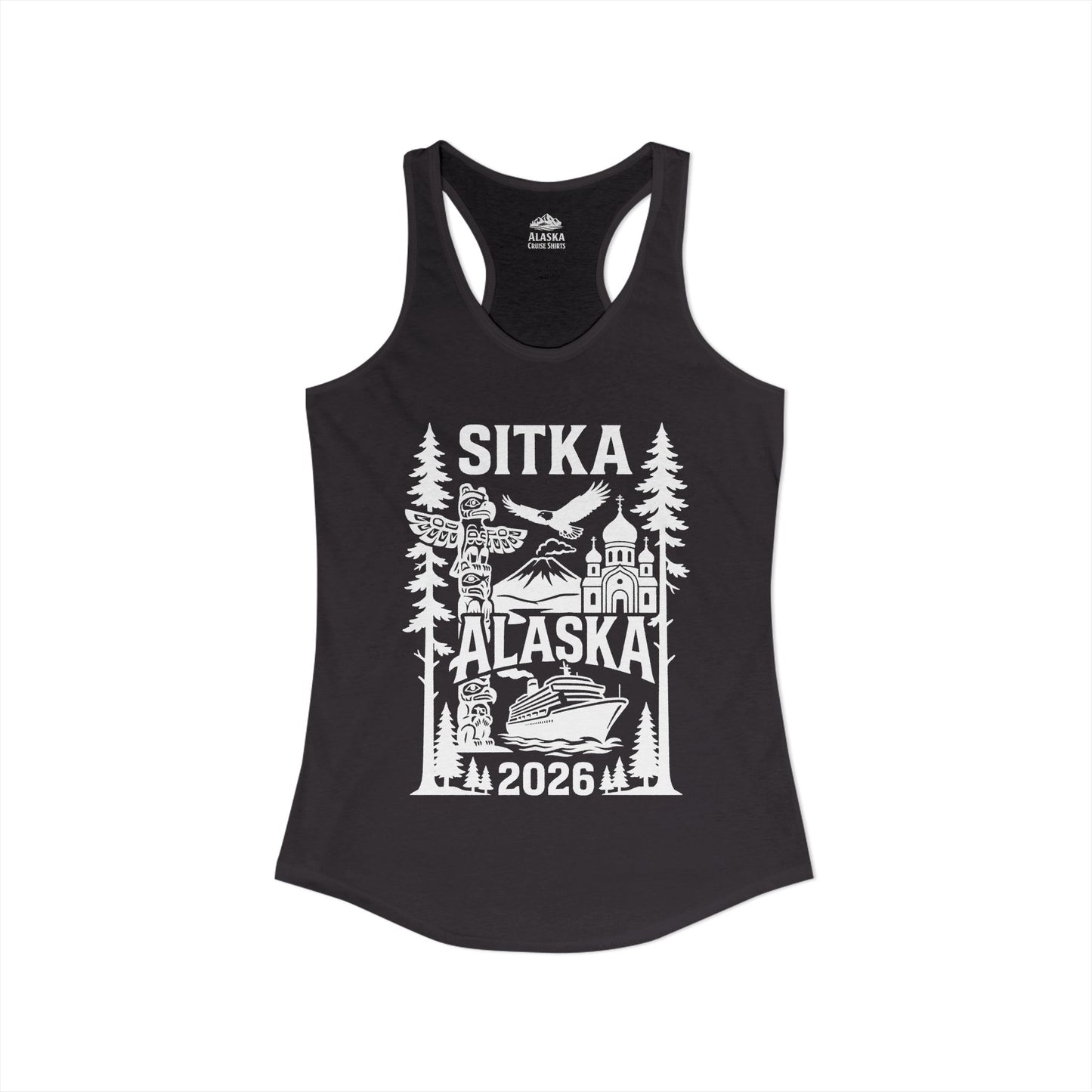 Sitka Alaska Cruise Souvenir Shirt with Totem Poles and Ship 2026 — Ladies Tank