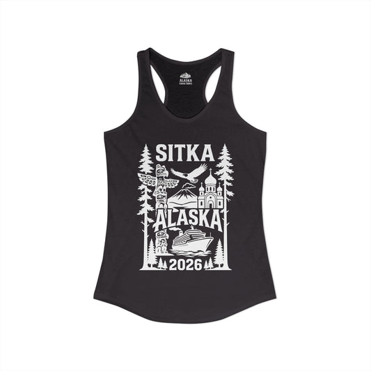 Sitka Alaska Cruise Souvenir Shirt with Totem Poles and Ship 2026 — Ladies Tank