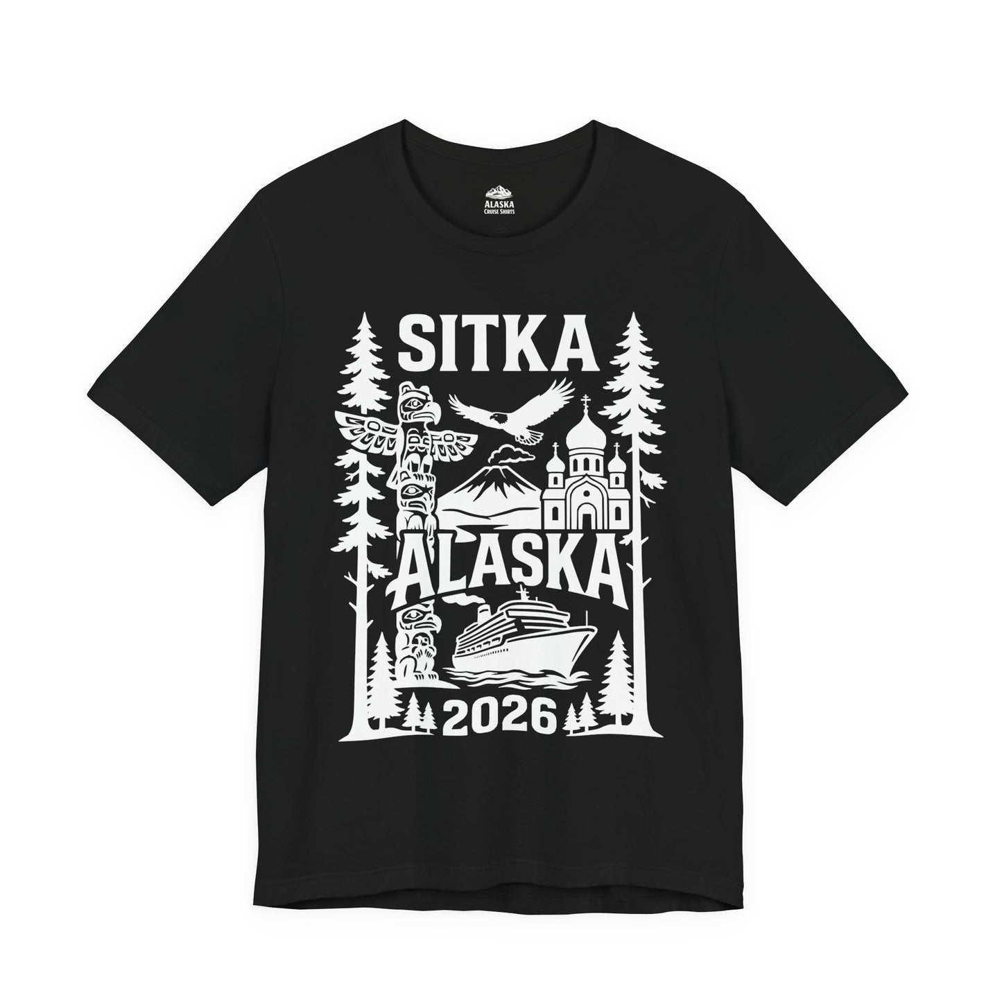 Sitka Alaska Cruise Souvenir Shirt with Totem Poles and Ship 2026 — Premium Tee