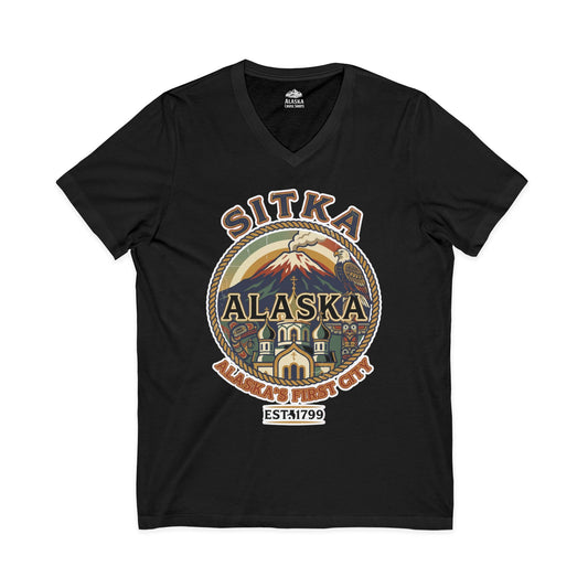 Sitka Alaska Vintage Heritage Tee with Iconic Local Landmarks Art — V-Neck