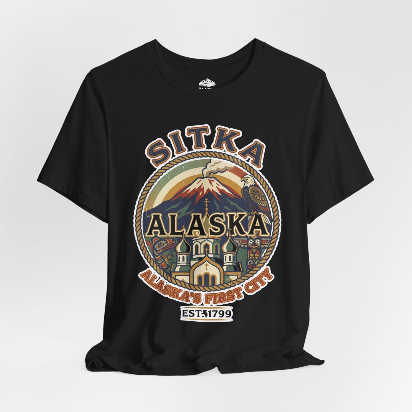 Sitka Alaska Vintage Heritage Tee with Iconic Local Landmarks Art — Premium Tee