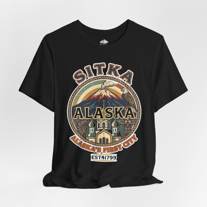 Sitka Alaska Vintage Heritage Tee with Iconic Local Landmarks Art — Premium Tee