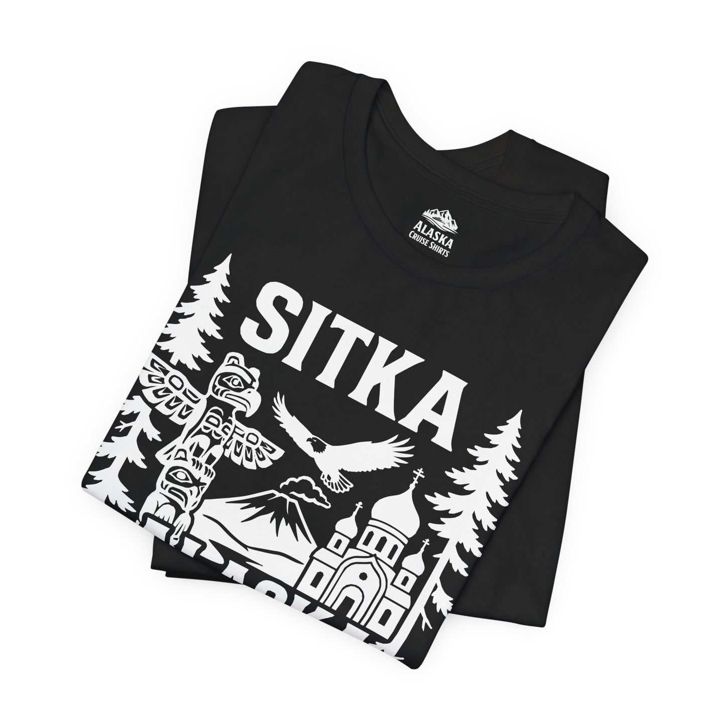 Sitka Alaska Cruise Souvenir Shirt with Totem Poles and Ship 2026 — Premium Tee