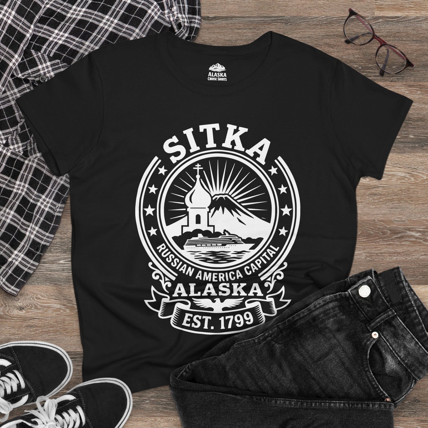 Sitka Alaska Russian America Heritage Cruise T-Shirt Est 1799 — Ladies Tee