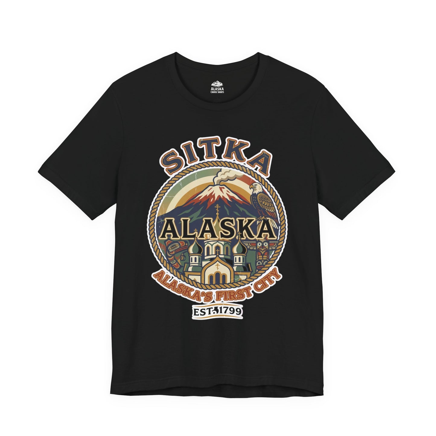 Sitka Alaska Vintage Heritage Tee with Iconic Local Landmarks Art — Premium Tee