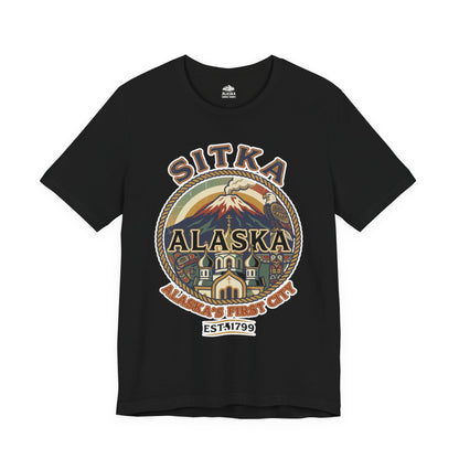 Sitka Alaska Vintage Heritage Tee with Iconic Local Landmarks Art — Premium Tee