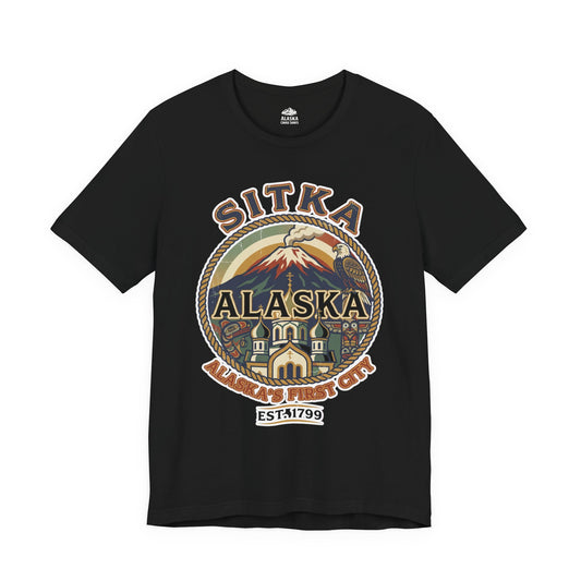 Sitka Alaska Vintage Heritage Tee with Iconic Local Landmarks Art — Premium Tee