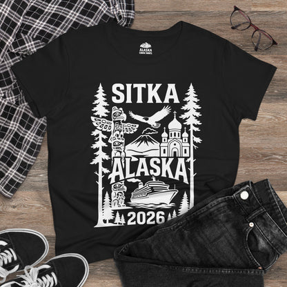 Sitka Alaska Cruise Souvenir Shirt with Totem Poles and Ship 2026 — Ladies Tee