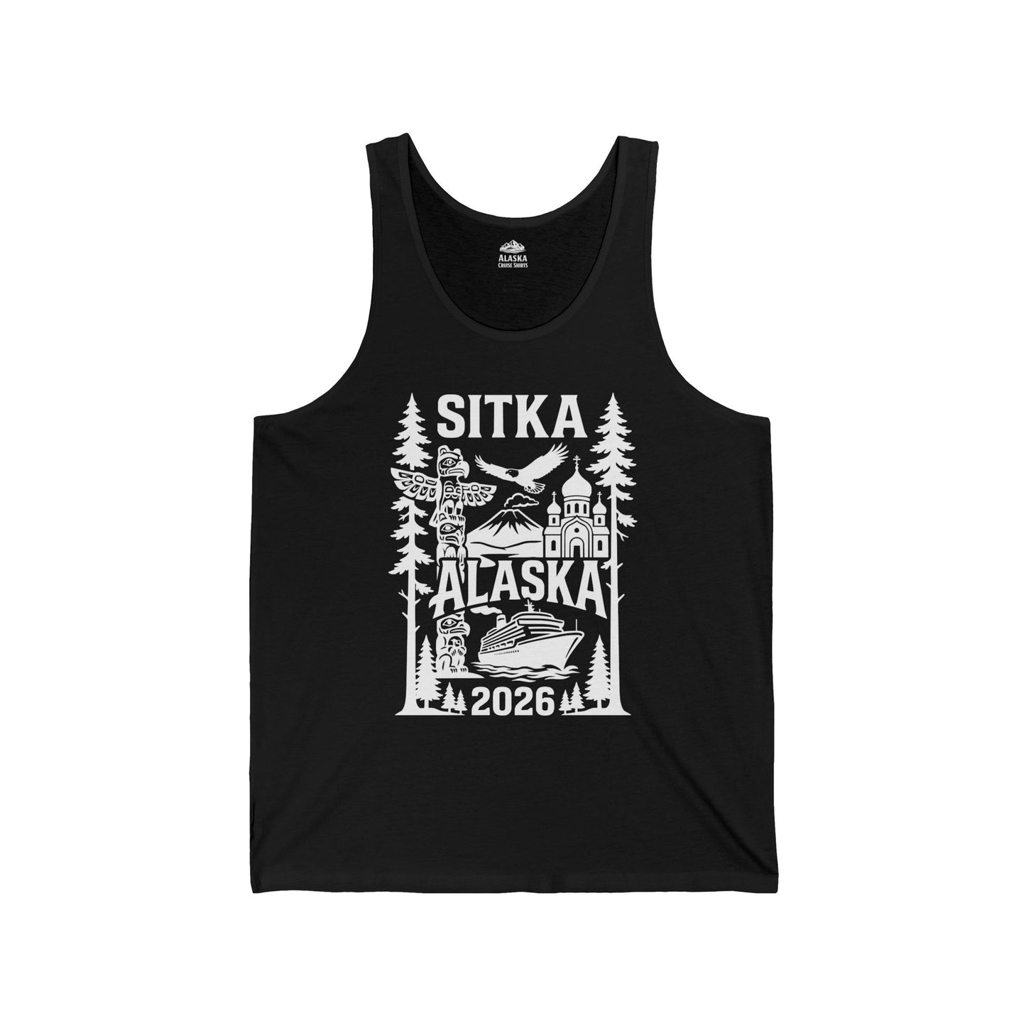 Sitka Alaska Cruise Souvenir Shirt with Totem Poles and Ship 2026 — Tank Top