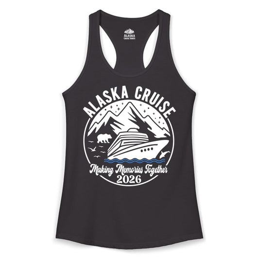 Alaska Cruise Shirt - Family Adventure 2026 Souvenir Apparel (Ladies Tank) in Black - Alaska Cruise Adventure 2026 Shirt - Mountains Wildlife and Ship Retro
