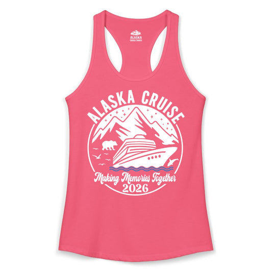 Alaska Cruise Shirt - Family Adventure 2026 Souvenir Apparel (Ladies Tank) in Hot Pink - Alaska Cruise Adventure 2026 Shirt - Mountains Wildlife and Ship Retro