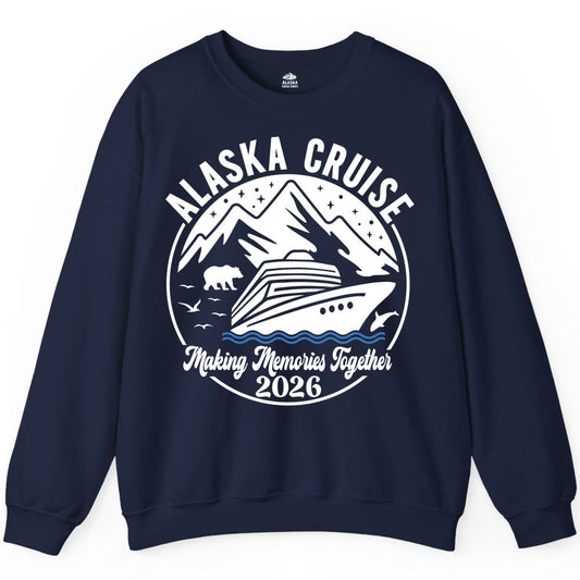 Alaska Cruise Shirt - Family Adventure 2026 Souvenir Apparel (Sweatshirt) in Navy - Alaska Cruise Adventure 2026 Shirt - Mountains Wildlife and Ship Retro